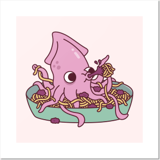 Cute Squid Squirting Squid Ink Pasta Funny Posters and Art